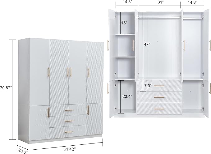 Armoires Wardrobe Closet Wood: Large Wardrobe Closet 4 Door White Storage Cabinet with 3 Drawers, Shelves and 2 Hanging Rods for Hanging Clothes
