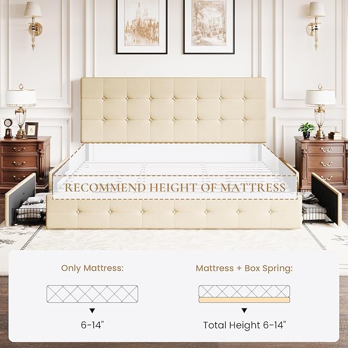 SHA CERLIN Upholstered King Size Platform Bed Frame with 4 Storage Drawers, Adjustable Headboard with Square Stitched Button Tufted Design, Wooden Slat Support, No Box Spring Needed, Beige