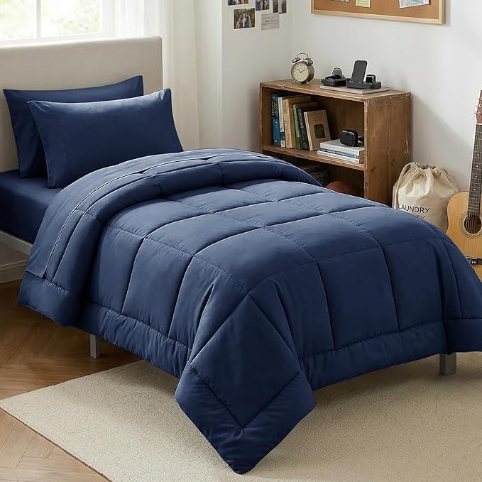 CozyLux Twin XL Comforter Set Navy Blue, 5 Pieces Twin Extra Long Bed in a Bag for College Dorm, All Season Bedding Set with Stitch Quilted Comforter, Flat Sheet, Fitted Sheet, Pillowcases