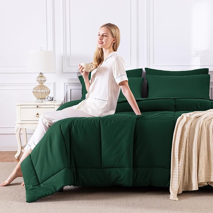 CozyLux California King Comforter Sets Emerald Green, 7 Pieces Cal King Bed in a Bag, All Season Bedding Sets with Stitch Quilted Comforter, Flat Sheet, Fitted Sheet, Pillowcases