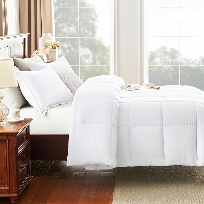 CozyLux King Size Comforter Set - 270GSM White Bedding Sets for All Seasons Size, 3 Pieces Box Stitched Bed Set with 1 Down Alternative Comforter and 2 Pillow Shams, Soft, Lightweight, Durable