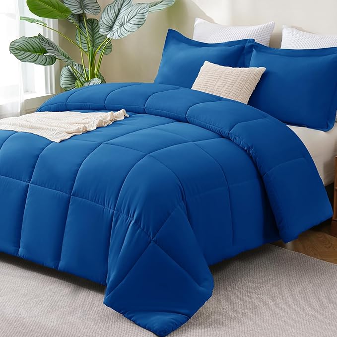 CozyLux King Size Comforter Set - 270GSM Classic Blue Bedding Sets for All Seasons, 3 Pieces Box Stitched Bed Set with 1 Down Alternative Comforter and 2 Pillow Shams, Soft, Lightweight, Durable