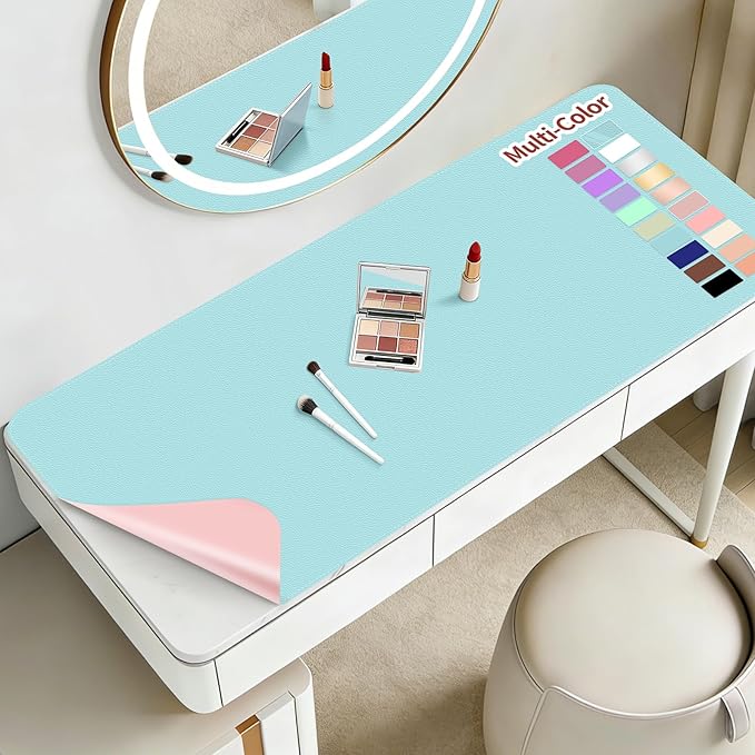 Makeup Mat for Vanity to Protect Desk Top 23.6 x 11.8in, Dual-Sided Makeup Mat, Easy to Clean Desk Pad - Waterproof and Oilproof Vanity Accessories (Blue and Pink)