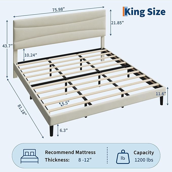 IDEALHOUSE King Size Upholstered Platform Bed Frame with Ergonomic Headboard, Beige Soft Fabric, Heavy Duty Wooden Slats, Noise-Free, 6.3" Underbed Storage, No Box Spring Needed, Easy Assembly