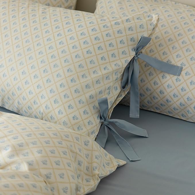 mixinni Blue Floral Duvet Cover Set King - 3 Piece Cottagecore Bedding Set with Bow Ties & Zipper Closure, 100% Cotton Soft Aesthetic Comforter Cover for Girls, Lightweight Breathable Country Style