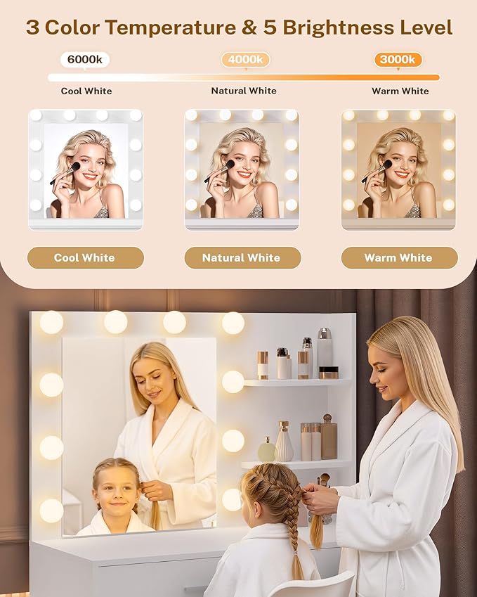 LIVELYGLOW White Makeup Vanity with 10 Hollywood Light Bulbs, 35.4" Wide Dressing Table with Large Mirror & Dimming Function, Small Space Vanity Desk with 2 Drawers, Storage Cabinet & Shelves