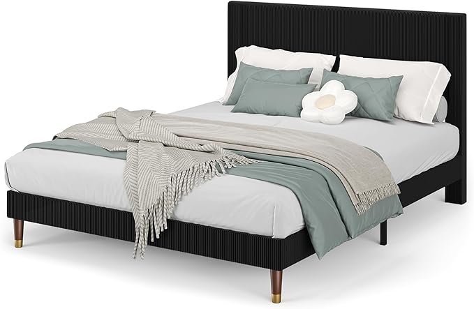 GarveeHome Full Size Bed Frame with Upholstered Headboard and Strong Wooden Slats Support, Soft Corduroy Fabric Platform Bed, No Boxing Spring Needed, Easy Assembly, Black