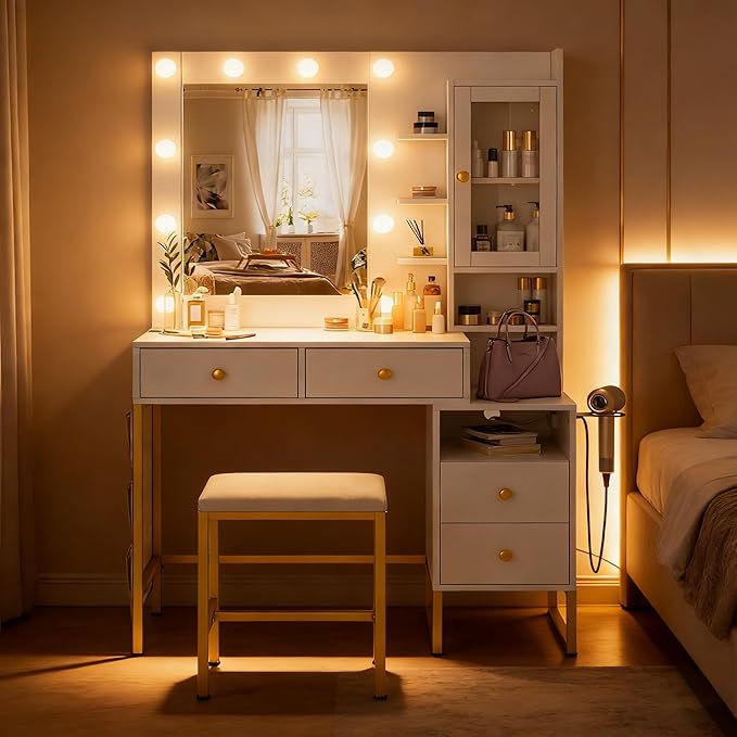 KAMABOKO White Modern Vanity Desk with Mirror & Lights, Makeup Vanity Table with 4 Drawers, 1 Glass Cabinet, 3 Lighting Color Adjustable, Girls Dressing with Stools for Bedroom