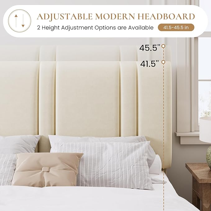 SHA CERLIN Full Size Platform Bed Frame, Velvet Upholstered Bed with Adjustable Headboard, Vertical Channel Tufted Design, Sturdy Wood Slat Support, No Box Spring Needed, Easy Assembly, Cream White