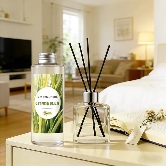 STRN Citronella Reed Diffuser Oil Refill, Citronella Scent 200ML(6.8fl.oz) with 6 Sticks, Air Freshener Long-Lasting Aromatherapy Reed Diffuser Set for Summer Home, Bedroom, Spa, Bathroom