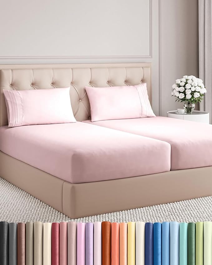 Split King Size 5 Piece Sheet Set - Comfy Breathable & Cooling Sheets - Hotel Luxury Bed Sheets for Women & Men - Deep Pockets, Easy-Fit, Soft & Wrinkle Free Sheets - Lavender Pink Oeko-Tex Bed Sheets