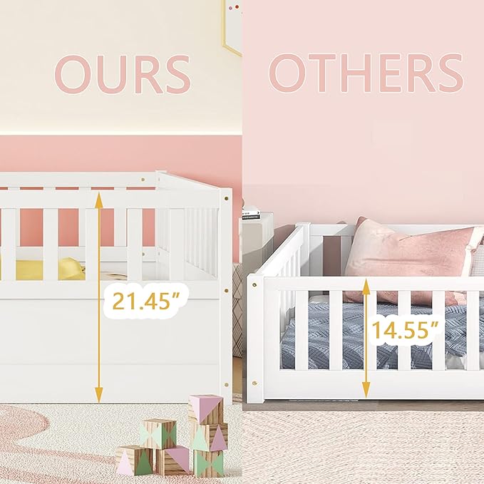 Full Floor Bed with Slats and High Fence, Full Size Montessori Floor Beds with Door, No Box Spring Needed, Easy Assemble Montessori Bed Frame(White Full)