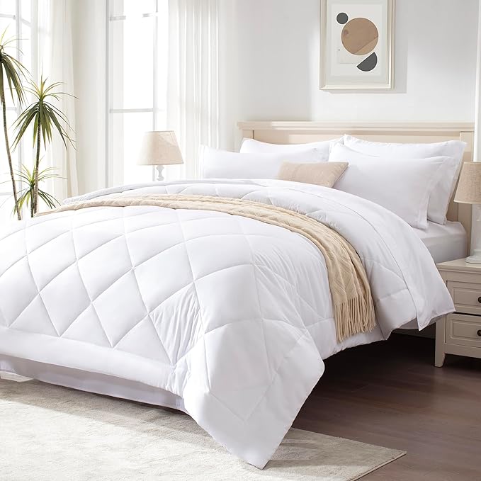 Love's cabin Full Comforter Set White, 7 Pieces Full Bed in a Bag, All Season Bedding Sets with 1 Comforter, 1 Flat Sheet, 1 Fitted Sheet, 2 Pillowcase and 2 Pillow Sham | Soft, Breathable, Lightweight, Comfortable