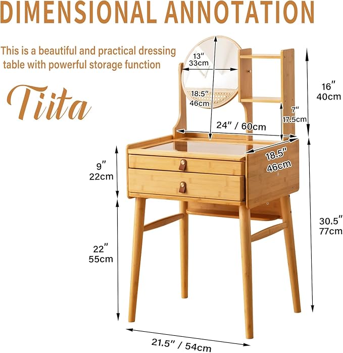 Tiita Vanity Desk, Makeup Vanity Table with Mirror, Dressing Table with 2 Drawers,Modern Wood Bedroom Vanity Vintage Dressing Table for Women Girls, Wood