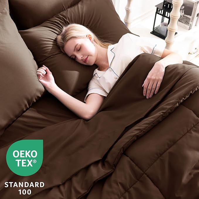 CozyLux Queen Comforter Set Brown, 7 Pieces Bed in a Bag, Brown Comforters Queen Size, All Season Bedding Sets with Stitch Quilted Comforter, Flat Sheet, Fitted Sheet, Pillowcases