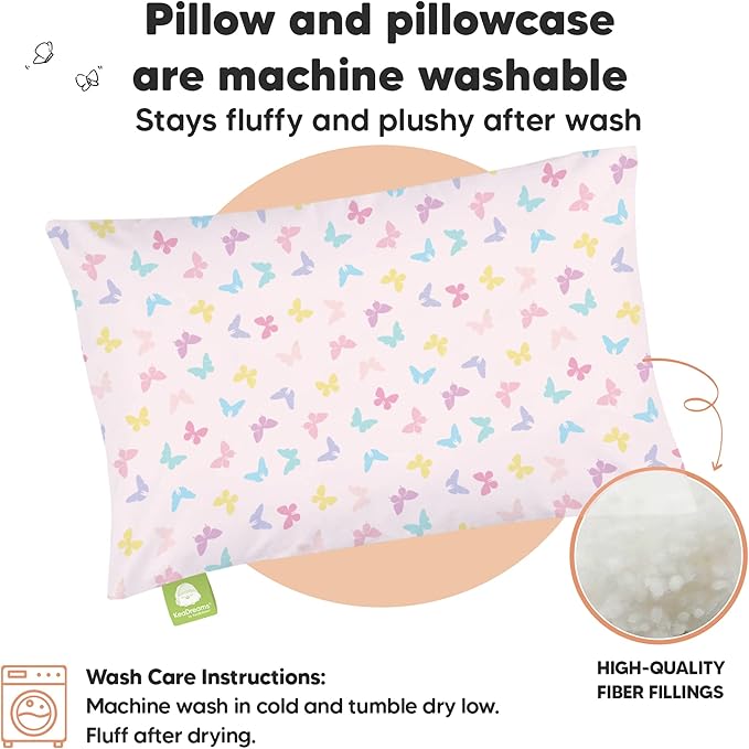 Toddler Pillow with Pillowcase - 13x18 My Little Dreamy Kids Travel Bed Pillows for Sleeping, Organic Cotton Small Pillowcase, Soft & Breathable, Machine Washable, Toddlers 2-5 years old (Flutter)
