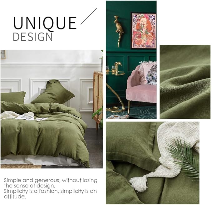 Simple&Opulence 100% Linen Duvet Cover Set 2pcs Basic Style Natural French Washed Flax Solid Color Soft Breathable Farmhouse Bedding with Button Closure - Olive Green, Twin