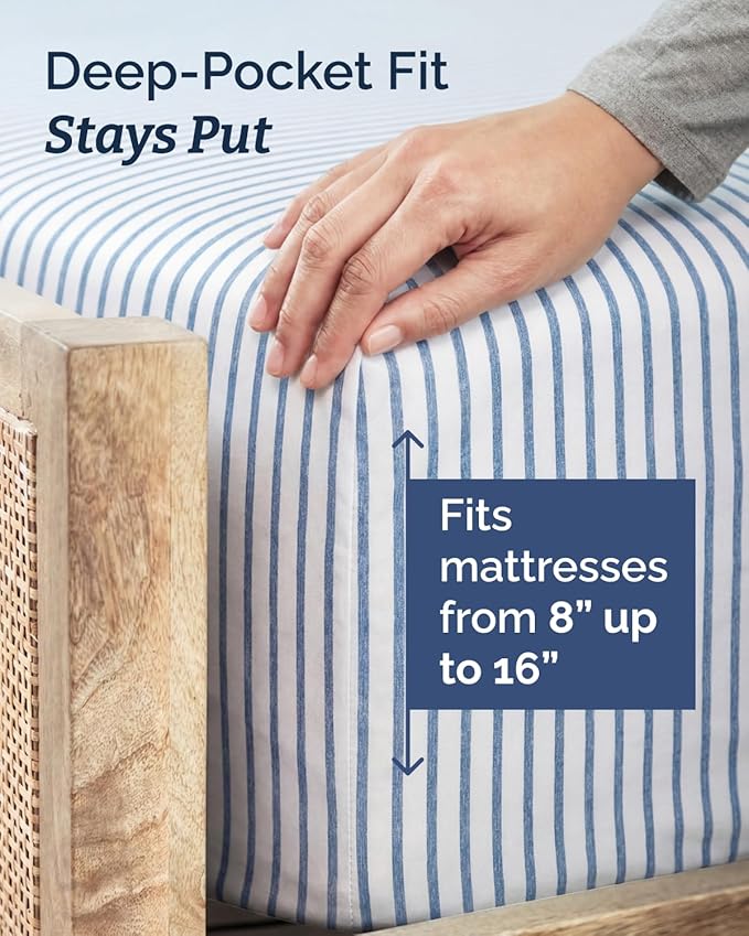 Twin XL 4 Piece Sheet Set - Comfy, Breathable & Cooling - Soft Hotel Luxury Bedding for Women, Men, Kids, Teens & Children - 1 Flat & 1 Fitted Sheet & 2 Pillowcases w/ Deep Pockets - Blue Stripes 2
