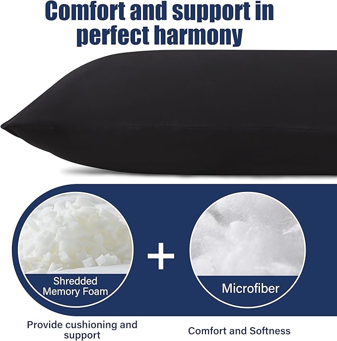 SHOUREN Cotton Memory Foam Body Pillow Insert (2 Pack)- Cooling Breathable Full Body Pillow for Side Sleeper - Soft Long Bed Pillow for Adults - 20 x 54 inch-Black
