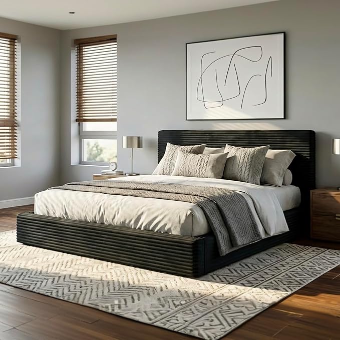 Novilla Queen Size Bed Frame, Plush CloudSoft Bed, Corduroy Upholstered Platform Bed Frame with Headboard, Easy Assembly, No Box Spring Needed, Modern Soft Bed Frame, Black