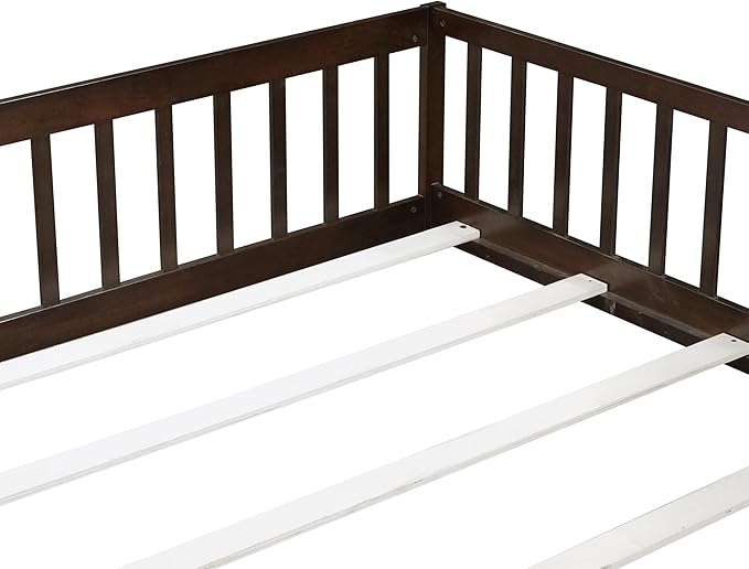 Bellemave Queen Floor Bed Frame with Rails and Door, Solid Wood Montessori Queen Size Floor Bed, Low Profile Montessori Beds with Removable Slats, Espresso