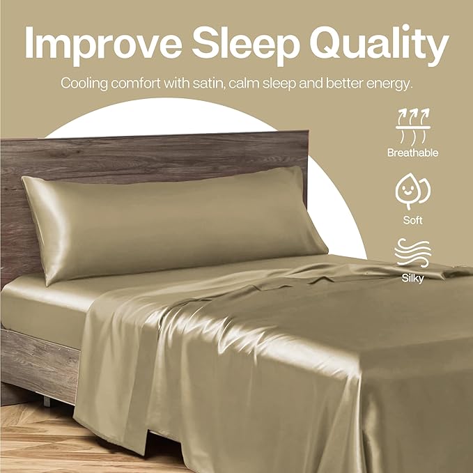 MR&HM Satin Body Pillow Cover, Soft and Breathable Body Pillow Case with Envelope Closure, Cooling and Silky Long Pillowcase for Hair and Skin,Grey (20x54, Golden Bronze)