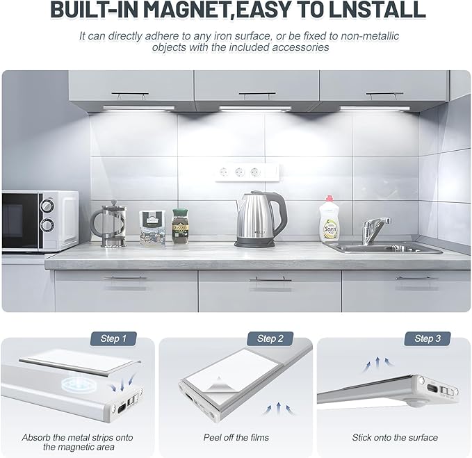 6 Pack Under Cabinet Lights Wireless, 58 LED Motion Sensor Light Indoor Rechargeable Magnetic Closet Lights Battery Operated, Under Counter Lights for Kitchen, Wardrobe, Hallway, Stairs