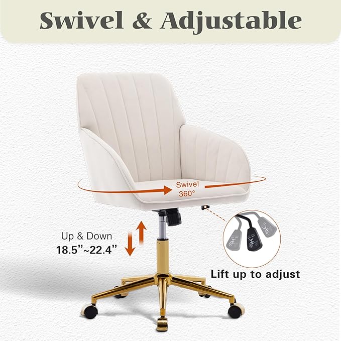 Velvet Vanity Chair with Wheels, Height Adjustable Swivel Makeup Chair, Armless Small Desk Chair for Bedroom/Office/Vanity Table, 250 lbs Capacity (Velvet, White-2)
