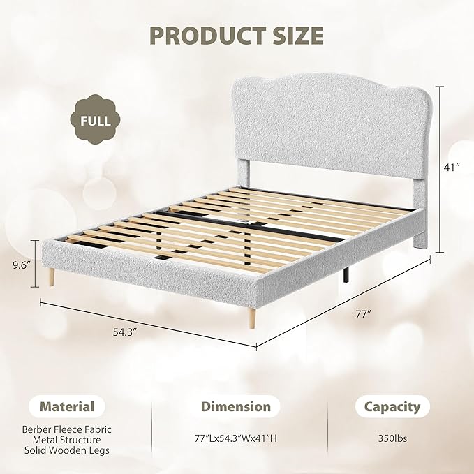 GarveeHome Kids Full Size Bed Frame with Adjustable Headboard, Sherpa Fleece Upholstered Modern Platform Bed Frame Full with Sturdy Wood Slats, No Box Spring Needed, Easy Assembly, Light Grey