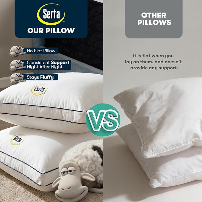 Serta Hotel Collection Bed Pillows Queen/Standard Size Set of 2, 400 Thread Count 100% Cotton Cover, Medium Soft, Support Gusseted Down Alternative Pillow for Back, Stomach or Side Sleepers, 18" x 26"