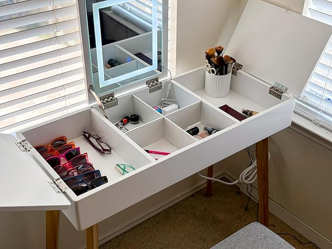 Small Vanity Desk, Flip Top Makeup Vanity, Makeup Vanity Desk with Mirror & LED Light, Power Outlet, Compact Dressing Table with Cushioning Stool, Vanity Desk Set for Kids, White
