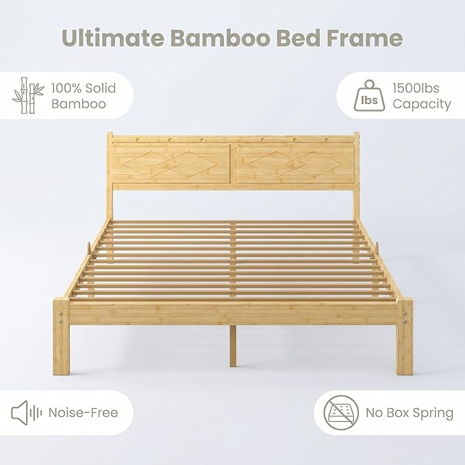 Askeld 14 inch Bamboo Queen Bed Frame with Headboard, Light Cottagecore Solid Wood Platform Bed with Heavy Duty Metal Slats, No Box Spring Needed, Easy Assembly, Noise Free