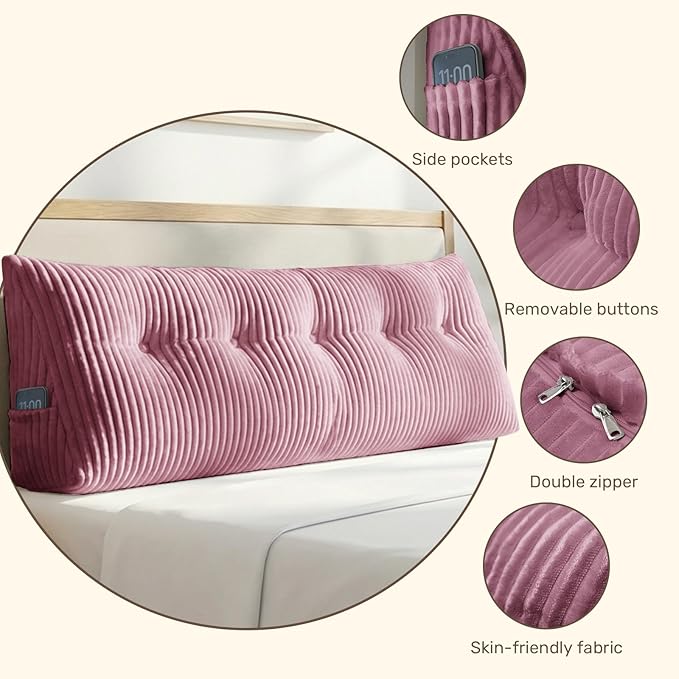 Deodar Headboard Pillow King, Wedge Pillows Headboard Triangle Reading Back Pillow with Removable Cover for Dorm Gaming Sleeping TV, Pink