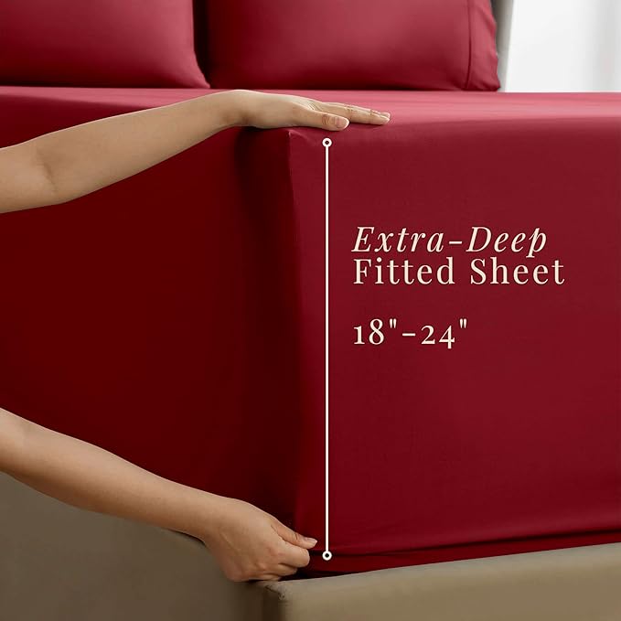 Hearth & Harbor Extra Deep Pocket Sheets - Fits Mattress 18-24 Inches Deep - Extra Deep Pocket Twin Sheets Sets - 4 Piece Twin Size - Burgundy
