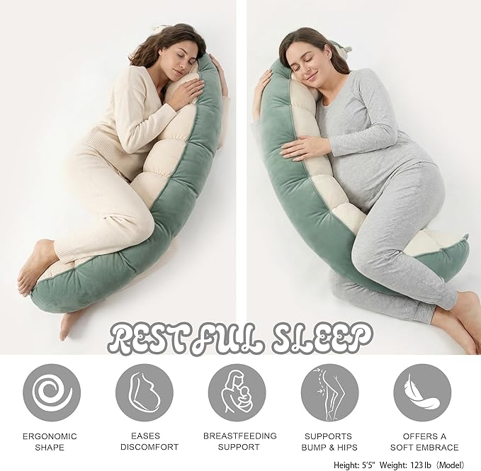 Peallow(Pat. Pend) – Long Round Body Pillow for Adults, Bolster Pillow for Sleeping, Soft and Supportive Pillow for Sleeping & Lumbar Support (Green-White, 59")