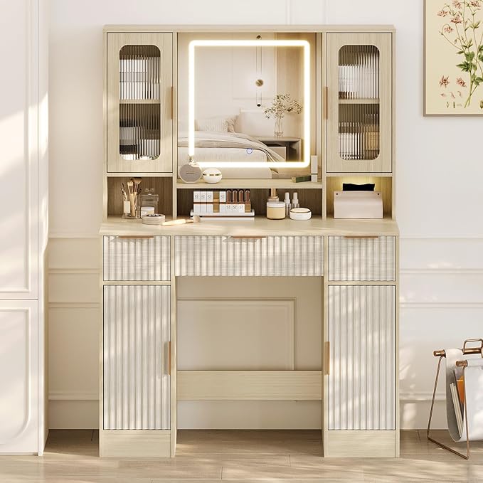 Garvee Vanity Desk with Mirror and Light, Modern Makeup Dressing Table with Adjustable 3 Colors Light, Vanities for Bedroom with 2 Glass Cabinet, 2 Large Cabinet, 3 Drawers & Storage Shelves, Natural