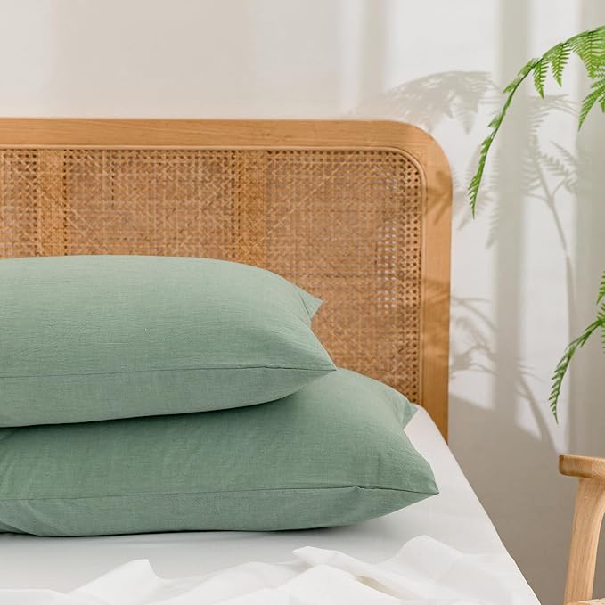 BESTOUCH 100% Washed Cotton Pillowcase for Hair and Skin Linen Feel Soft Comfortable Breathable 2 Set Pillow Case with Envelope Closure Solid Green Queen 20x30 Inches