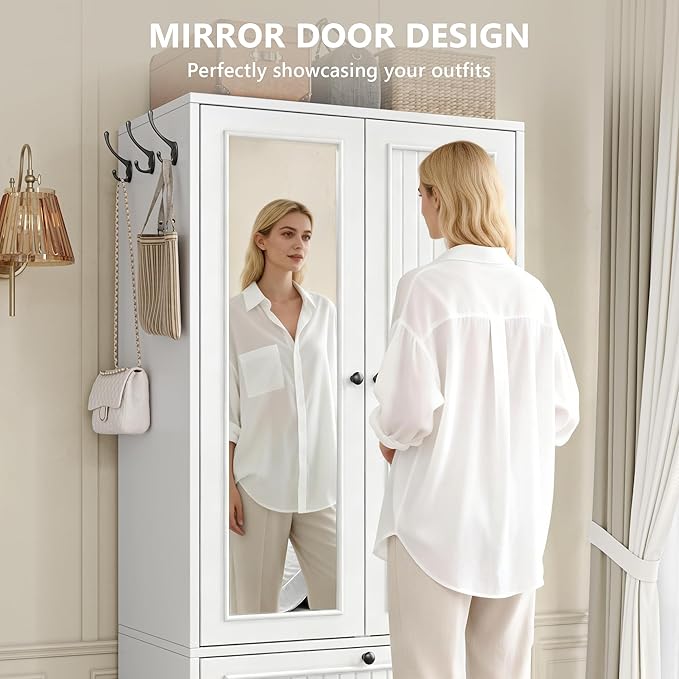 Einhomn 70" Armoire Wardrobe Closet with Doors & Mirror,Wooden Wardrobe with Drawers and 3 Side Hooks,Large Freestanding Bedroom Storage Wardrobe Cabinet,White