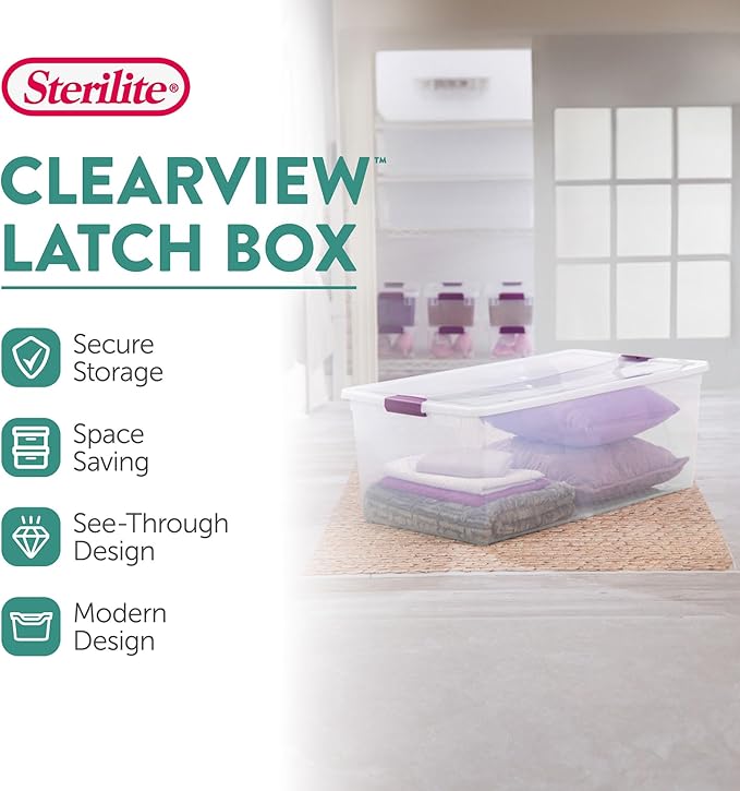 Sterilite 8-Pack 110 Quart Clearview Latch Box, Stackable Organizer Bins with Latching Lids - Clear Plastic Organization Containers for Closet, Bedroom, Shelving Units and Everyday Home Storage