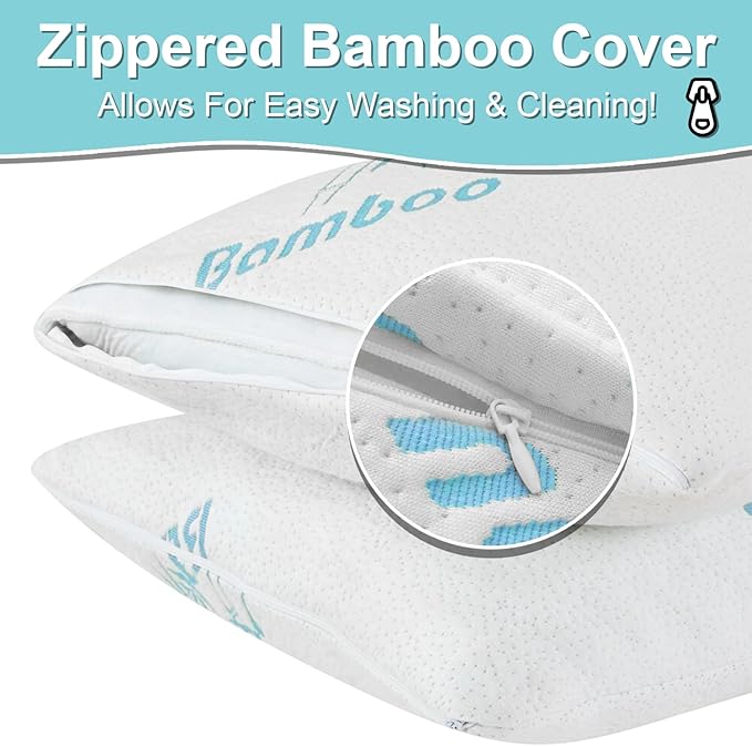 Cool Rayon of Bamboo Pillows 2 Pack Queen Size (20"x30") for Sleeping, Soft Shredded Adjustable Memory Foam Washable Zippered Breathable Cover, Relieves Neck Pain Asthma for Back/Stomach/Side Sleeper