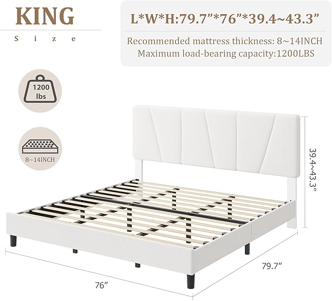 King Size Upholstered Platform Bed Frame with Adjustable Headboard, Fits 8-14 Inch Mattress, Heavy Duty Bed Frame with Wooden Slats Support, Noise-Free, Non-slip, No Box Spring Needed, Easy Assembly