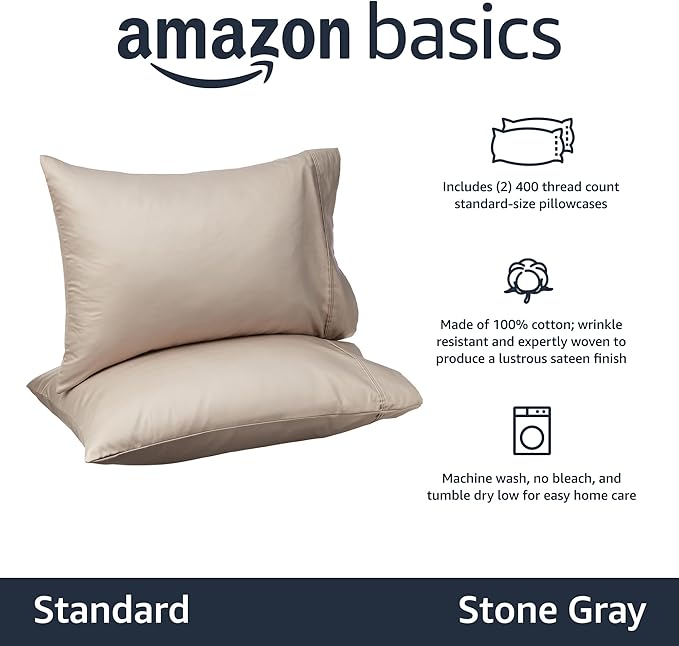 Amazon Basics 400 Thread Count 100% Cotton Pillowcases, Sateen Weave, Standard Size, 20" x 30", Stone Gray, Set of 2