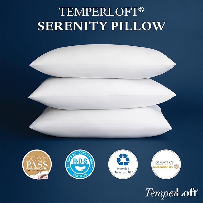 Manchester Mills TemperLoft Serenity Pillows King (Set of 2), Down/Down Alternative Fill, 20x36, 100% Cotton Cover, Found in Leading Hotels Nationwide Hospitality Quality Delivered to Your Home