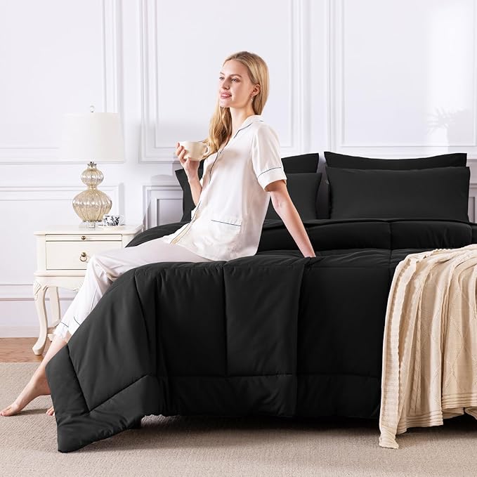 CozyLux Twin Comforter Set with Sheets Black, 5 Pieces Bed in a Bag, Black Comforter Twin Size, All Season Bedding Set with Stitch Quilted Comforter, Flat Sheet, Fitted Sheet, Pillowcases