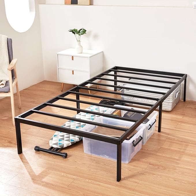 Heavy Duty Metal Bed Frame Twin Size 38" W 75" L 14" H inch with Storage Mattress Foundation Steel Slats Platform Easy Assembly Black