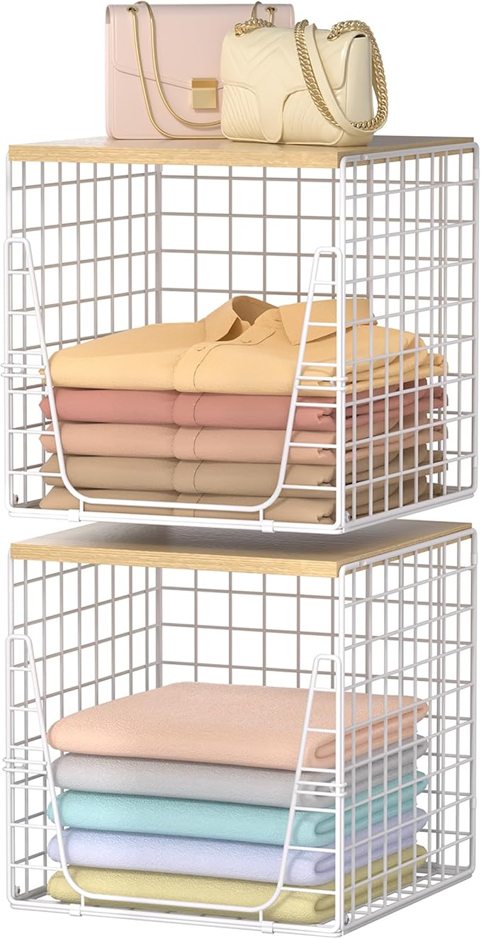 SWTYMIKI 2PCS Closet Organizers and Storage - Stackable Closet Basket with Wood Top Shelf, Clothes Storage Shelves, Clothes Drawer Bins for Wardrobe, Bedroom, Entryway, White