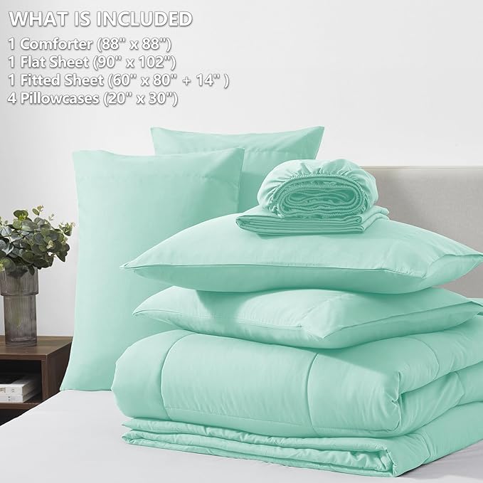 CozyLux Queen Comforter Set Mint Green, 7 Pieces Bed in a Bag, Green Comforters Queen Size, All Season Bedding Sets with Stitch Quilted Comforter, Flat Sheet, Fitted Sheet, Pillowcases