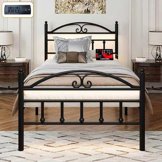Twin Size Bed Frames with Charging Station,Black Metal Platform Bed Frame with LED Lights,Heavy Duty Metal Steel Slats Support,No Box Spring Needed,Noise Free,Easy to Assemble