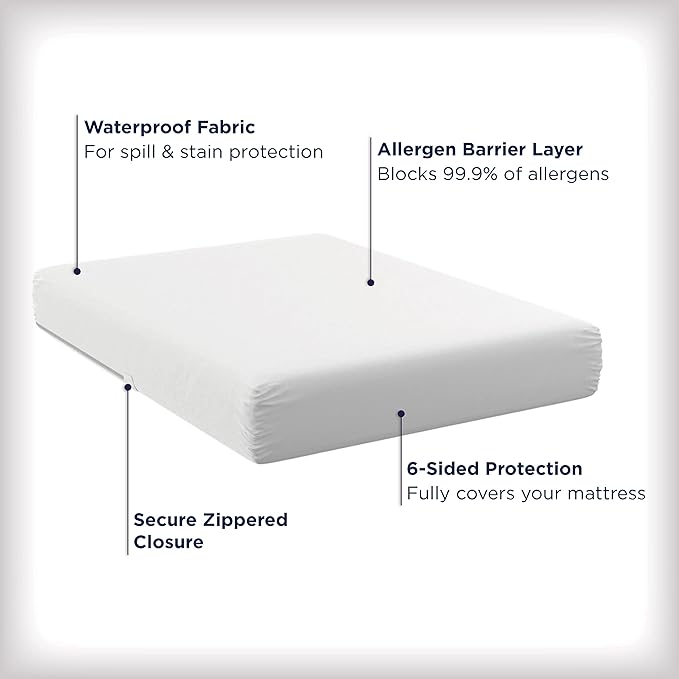 AllerEase Waterproof Mattress Protector Stain Protection Full Size Allergen Barrier Hot Water Washable Machine Washable Durable Zippered Knit Mattress Cover Stretch Corners (White)