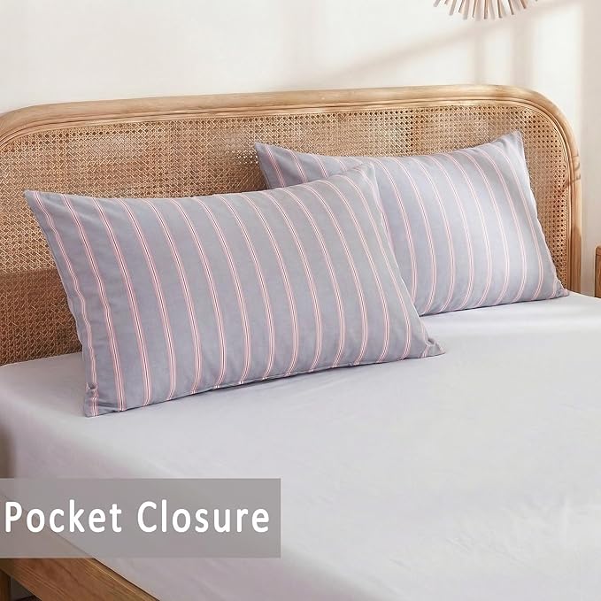 Merryword Queen Size Pillowcases, 100% Cotton Pillow Cases, Gray and Pink Striped Pillowcases, Luxury Linen Like Pillowcase, Soft Breathable Wide Stripes Pillow Covers, Set of 2